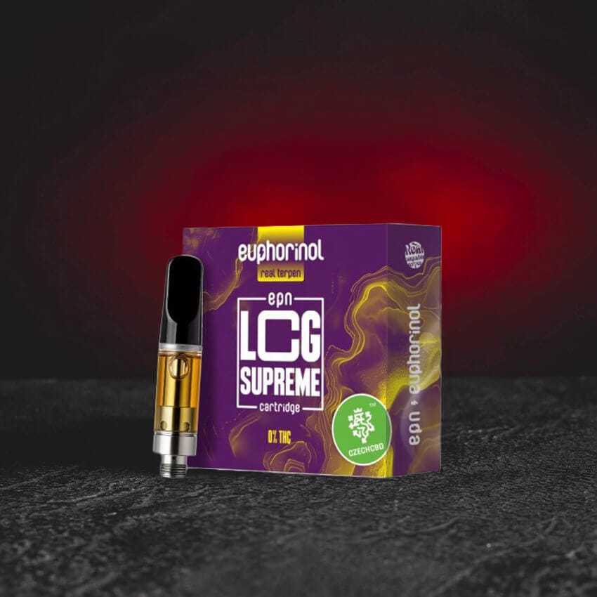 Prémium EPN cartridge 1 ml innovatív félszintetikus EPN kannabinoiddal, markáns LCG Supreme strainprofillal, friss, eufórikus és mentálisan tiszta hatásra fókuszálva, modern Kratom World cartridge.