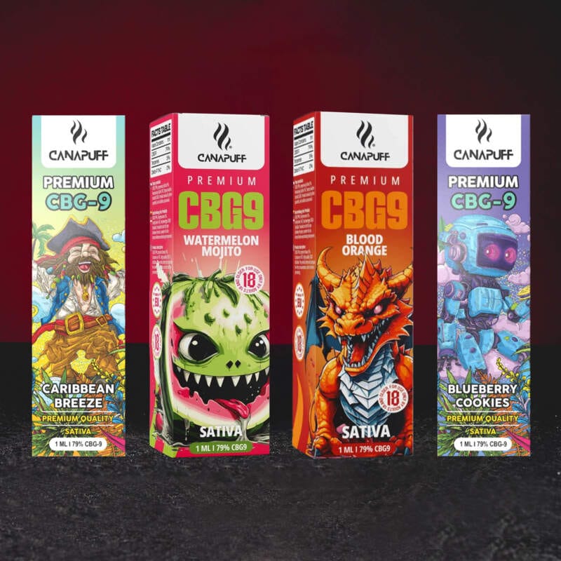 Group Photo: CBG9 Vape Pen 79% 1ml – prémium vape pen CBG9 kannabinoiddal Watermelon Mojito, Blueberry Cookie, Caribbean Breeze és Blood Orange variánsokban