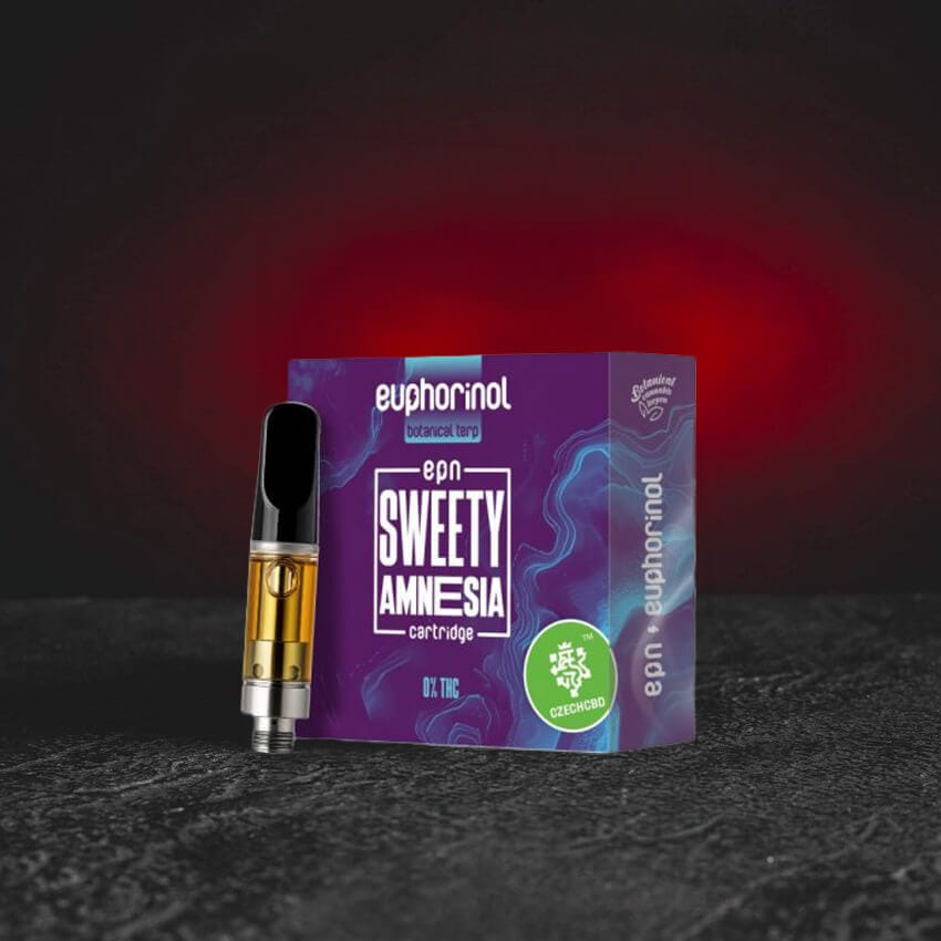 Prémium EPN cartridge 1 ml félszintetikus EPN kannabinoiddal, a Sweety Amnesia strain aromatikus profilja által inspirálva, eufórikus és élénkítő élményre tervezve, szedatív hatások nélkül, Kratom World termék.