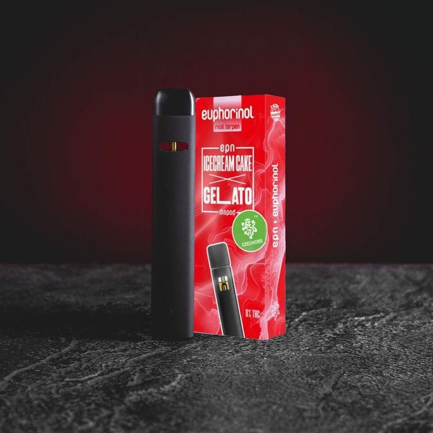 Prémium EPN Dispod 0,5 ml innovatív félszintetikus EPN kannabinoiddal, krémesen édes Ice Cream Cake Gelato strain aromaprofillal, eufórikus és mentálisan tiszta élmény tompítás nélkül, egyszer használatos vape a Kratom Worldtől