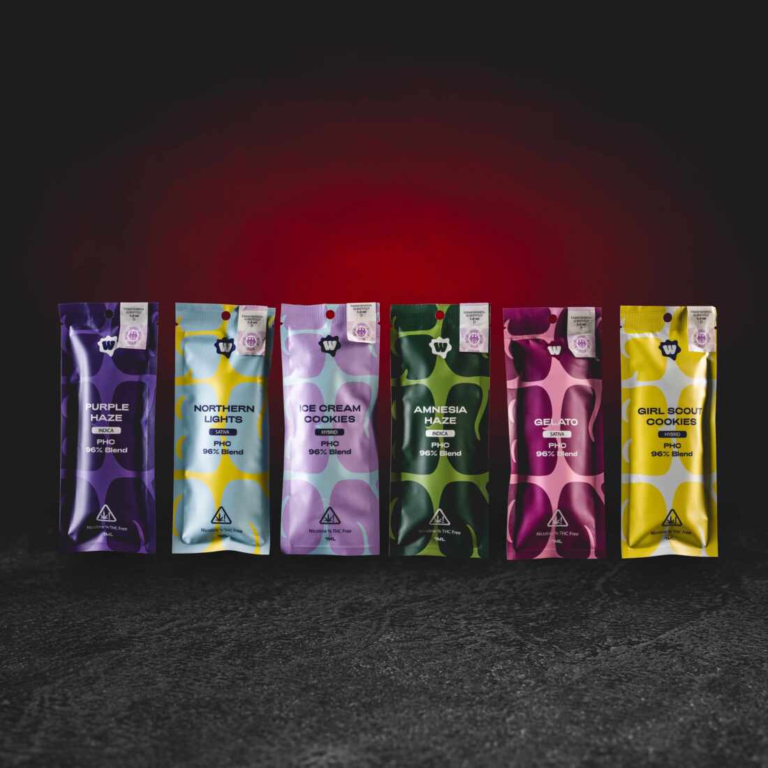 Kratom World PHC Vape 96% 1ml – az összes ízváltozat csoportképe: Girl Scout Cookies, Purple Haze, Gelato, Northern Lights, Ice Cream Cookies és Amnesia Haze prémium PHC kivitelben