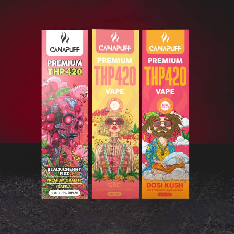 THP420 Vape Pen 79% 1ml – prémium eldobható vape pen THP420 kannabinoiddal Black Cherry Fizz, GSC és Dosi Kush változatokban