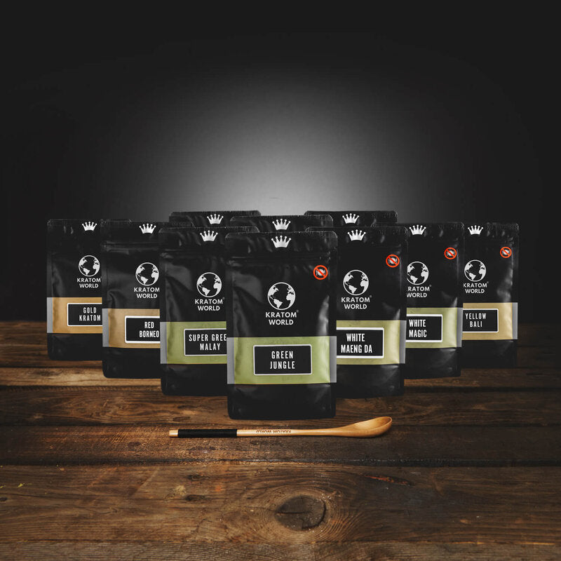 Kratom World Starter Pack mintacsomag zöld piros arany fehér Kratom por 10 x 25 g